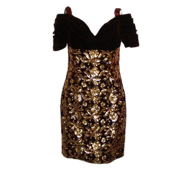 JESSICA MCCLINTOCK Evening Dress, S, Red Velvet, Golden Sequins, Off-shoulder - Picture 10 of 14